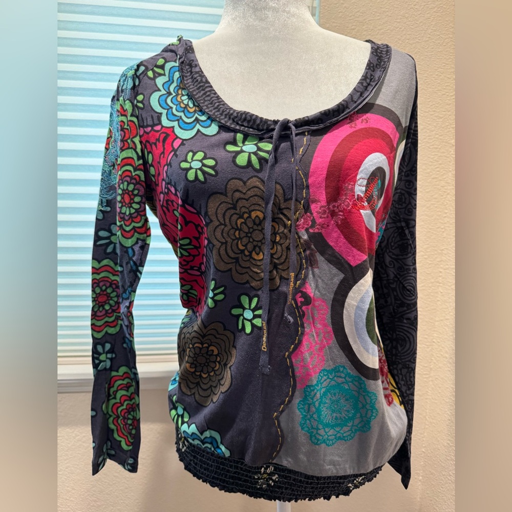 Desigual Gray and Pink Graphic Tie Front Cotton Top
